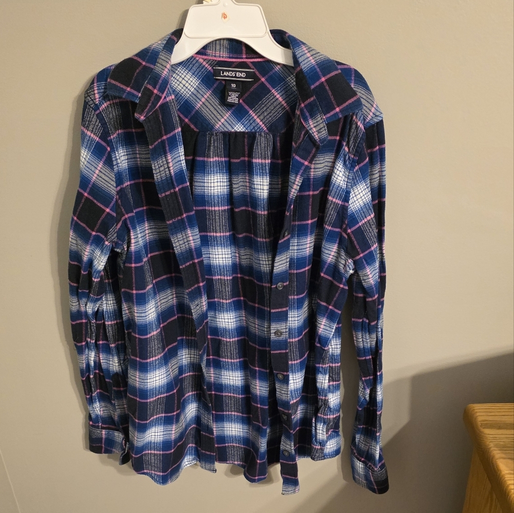 Lands' End Blue and White Casual Button Down Shirt